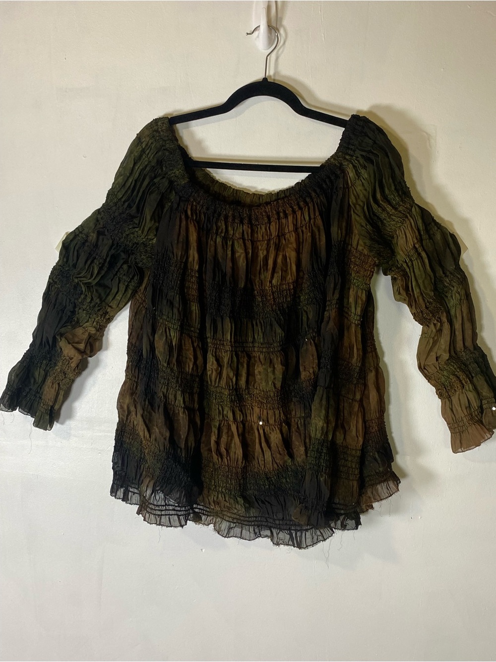 Whimsigoth Dark Forest Fairy Off Shoulder Smocked Peasant Blouse Oversized XL
